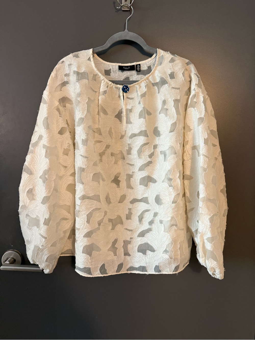 White Floral Lace Overlay Top - Single Button Neck